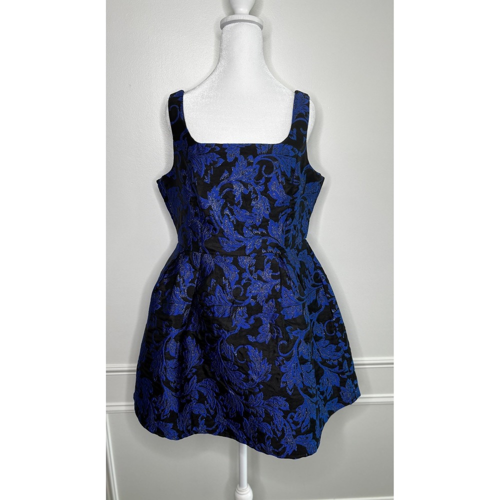 Lulus Blue Black Metallic Floral Brocade Square Neck Mini‎ Dress Women's Large